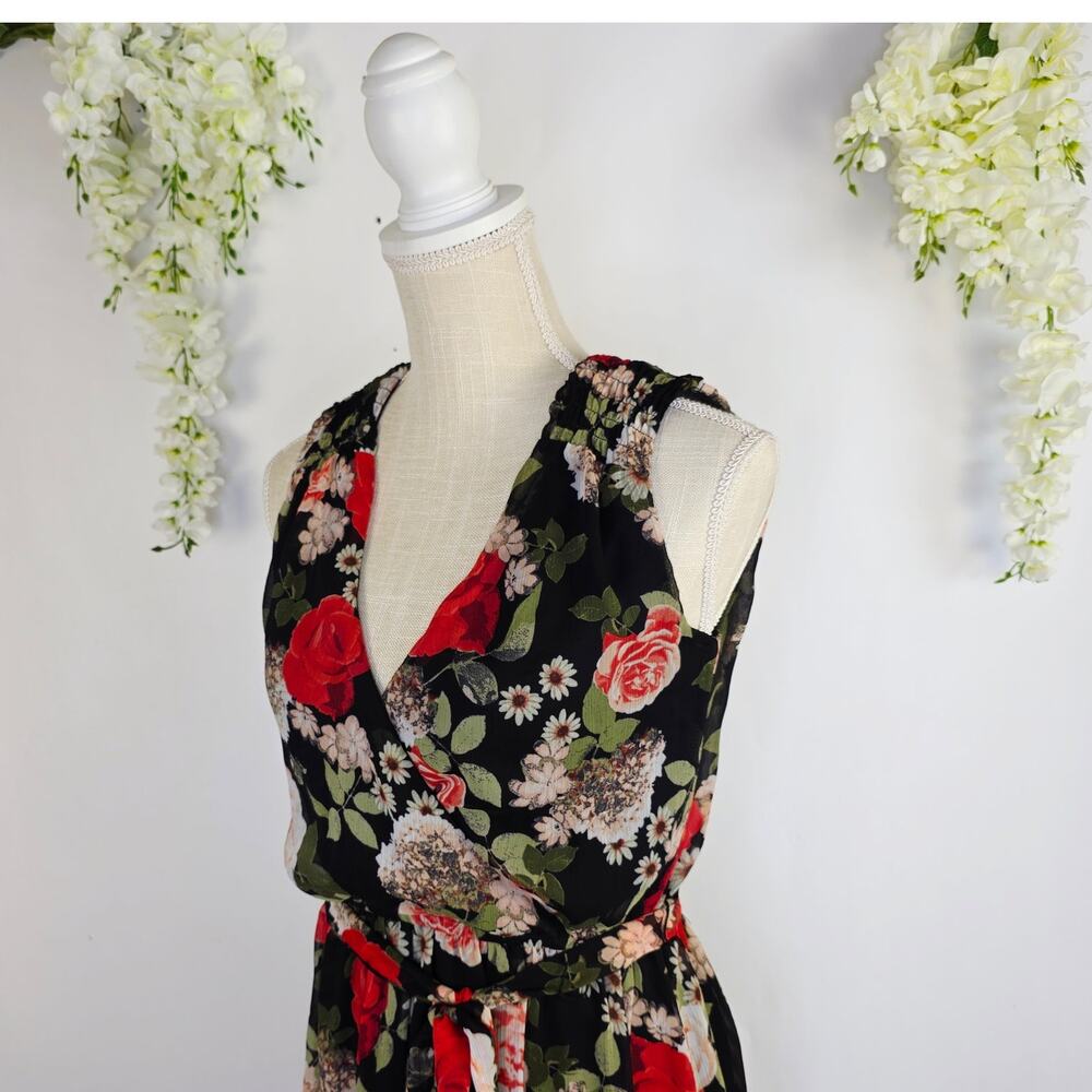 Disney Beauty Beast Maxi Dress S Black Floral Wrap Tie Cottage Romantic Feminine - Picture 6 of 16